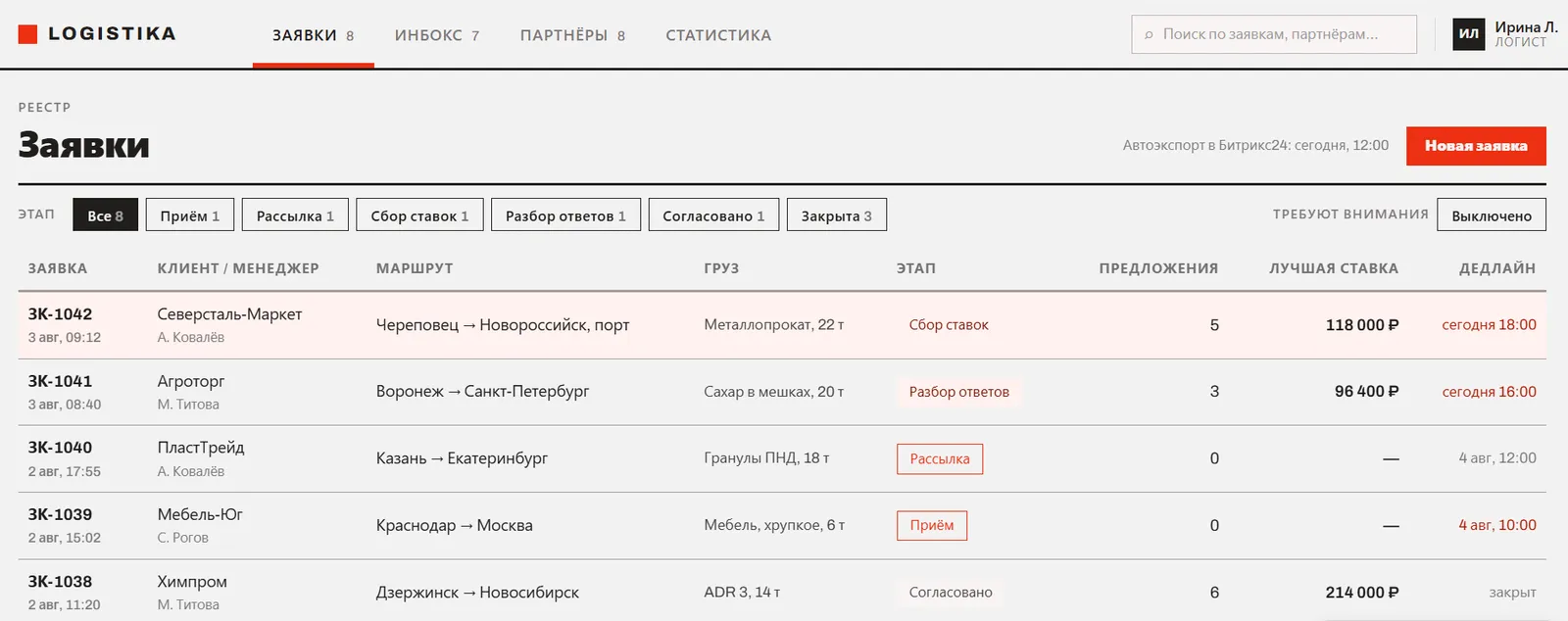 Реестр заявок с этапами, предложениями и лучшей ставкой