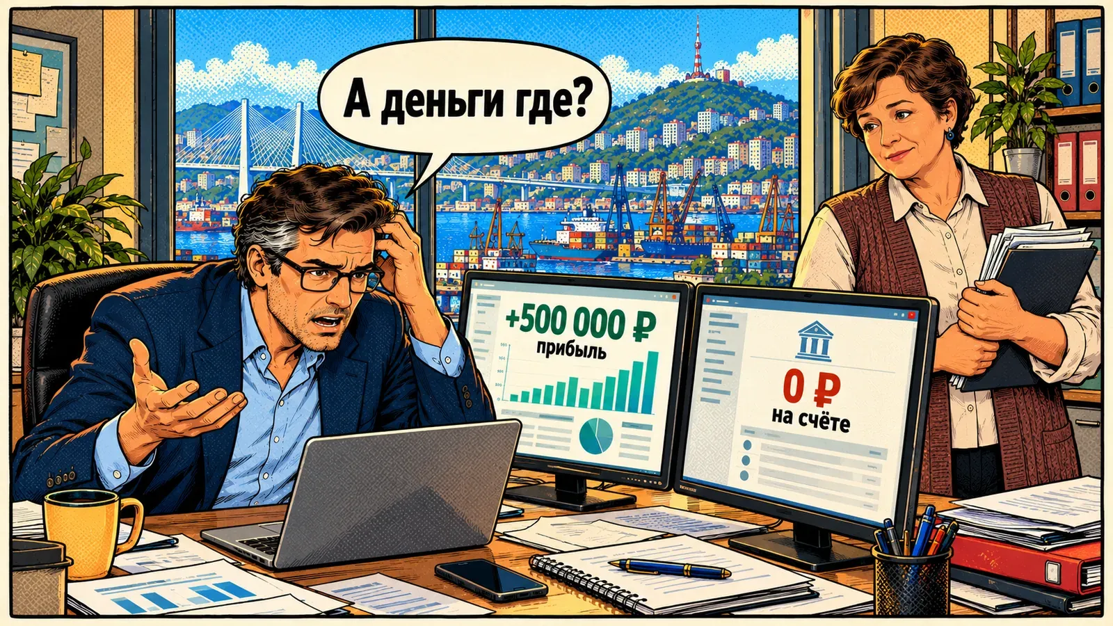 Андрей хватается за голову перед двумя мониторами: в отчёте плюс 500 000 ₽ прибыли, на банковском счёте 0 ₽. Рядом стоит бухгалтер. Андрей: «А деньги где?»