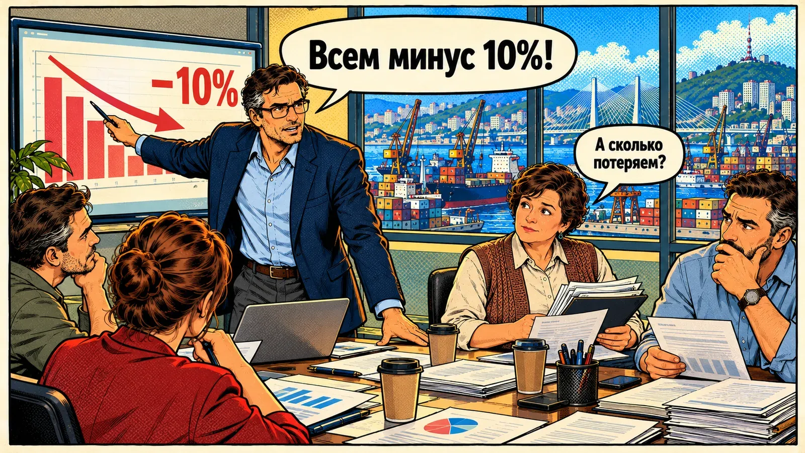 Андрей на совещании у экрана с падающим графиком объявляет: «Всем минус 10%!». Бухгалтер спрашивает: «А сколько потеряем?», остальные руководители задумались.