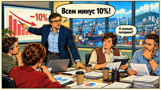 Андрей на совещании у экрана с падающим графиком объявляет: «Всем минус 10%!». Бухгалтер спрашивает: «А сколько потеряем?», остальные руководители задумались.
