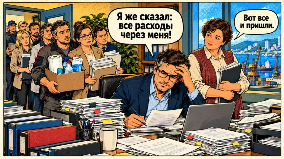 Собственник Андрей за столом, заваленным папками и бумагами, лично просматривает заявки на расходы. Перед ним очередь сотрудников с коробкой канцелярии и стопками бумаг. Андрей: «Я же сказал: все расходы через меня!» Бухгалтер с папкой иронично замечает: «Вот все и пришли».