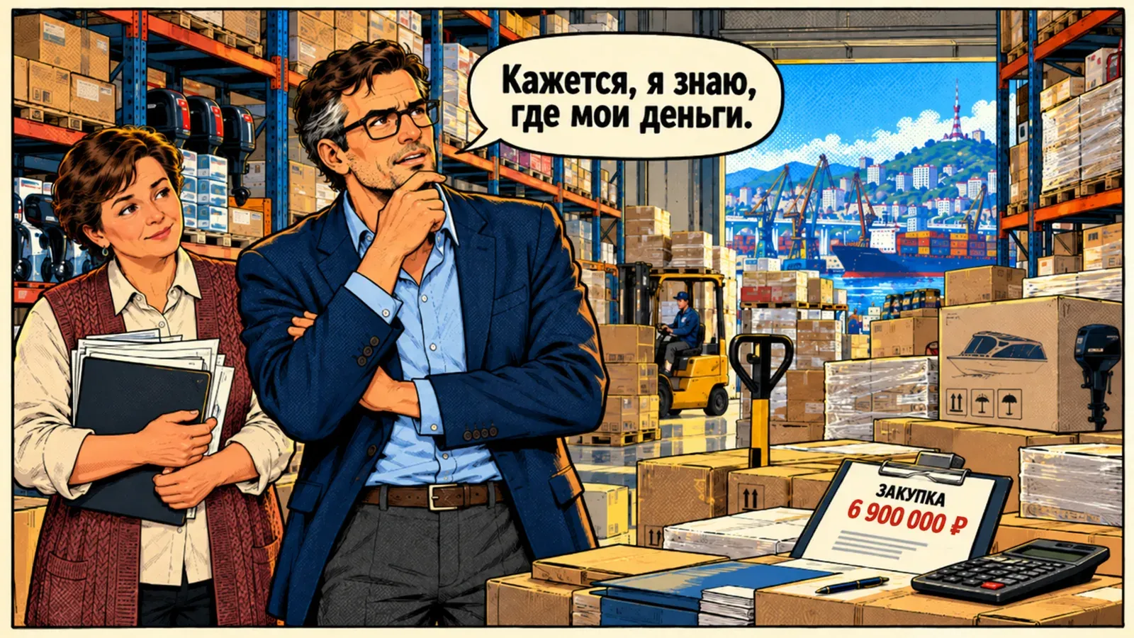 Андрей и бухгалтер на складе среди коробок с товаром; на столе бумага «Закупка 6 900 000 ₽». Андрей: «Кажется, я знаю, где мои деньги».