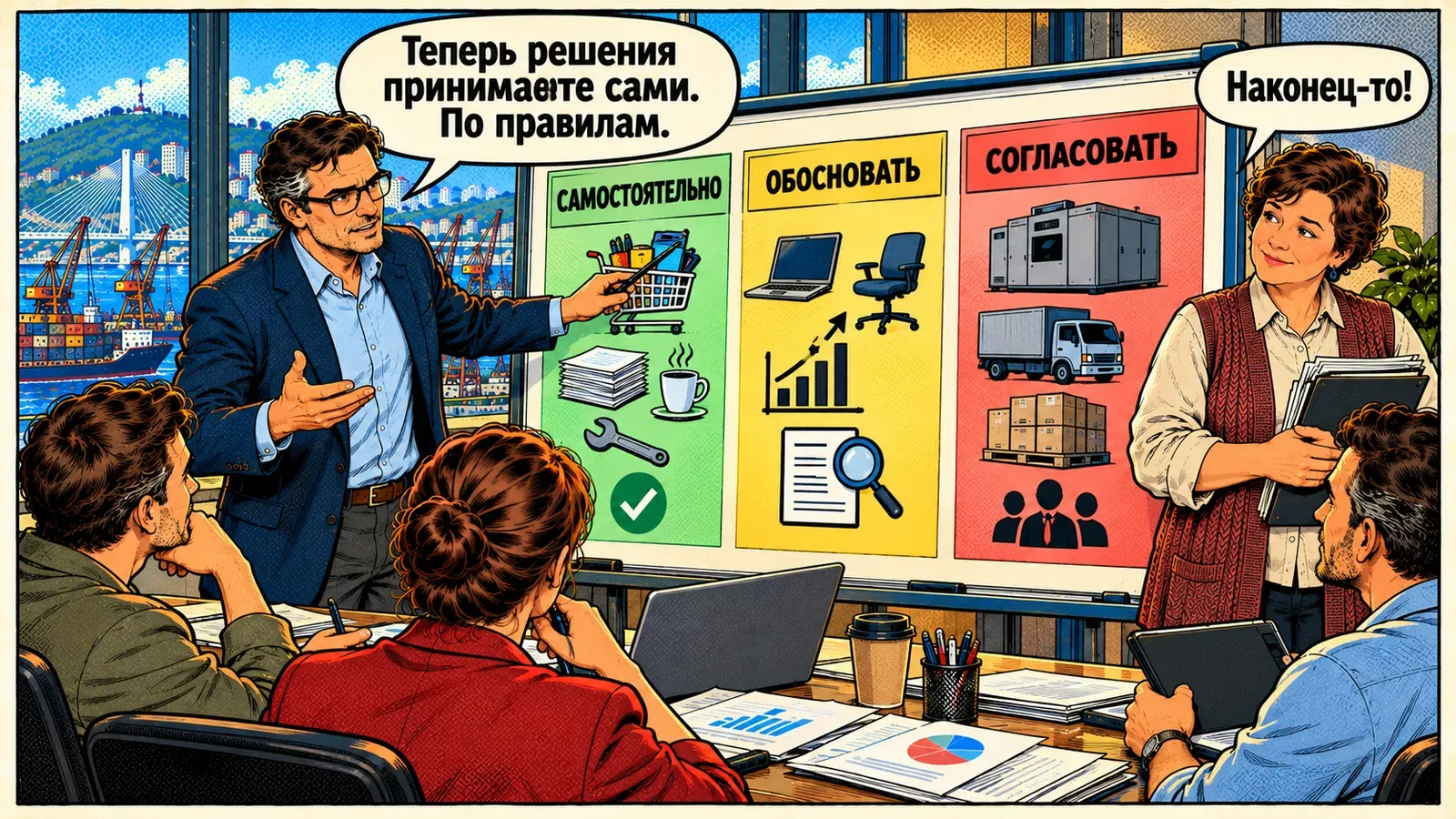 Андрей объясняет руководителям новые правила: расходы делятся на три группы на доске — «Самостоятельно», «Обосновать», «Согласовать». Андрей: «Теперь решения принимаете сами. По правилам.» Бухгалтер: «Наконец-то!»