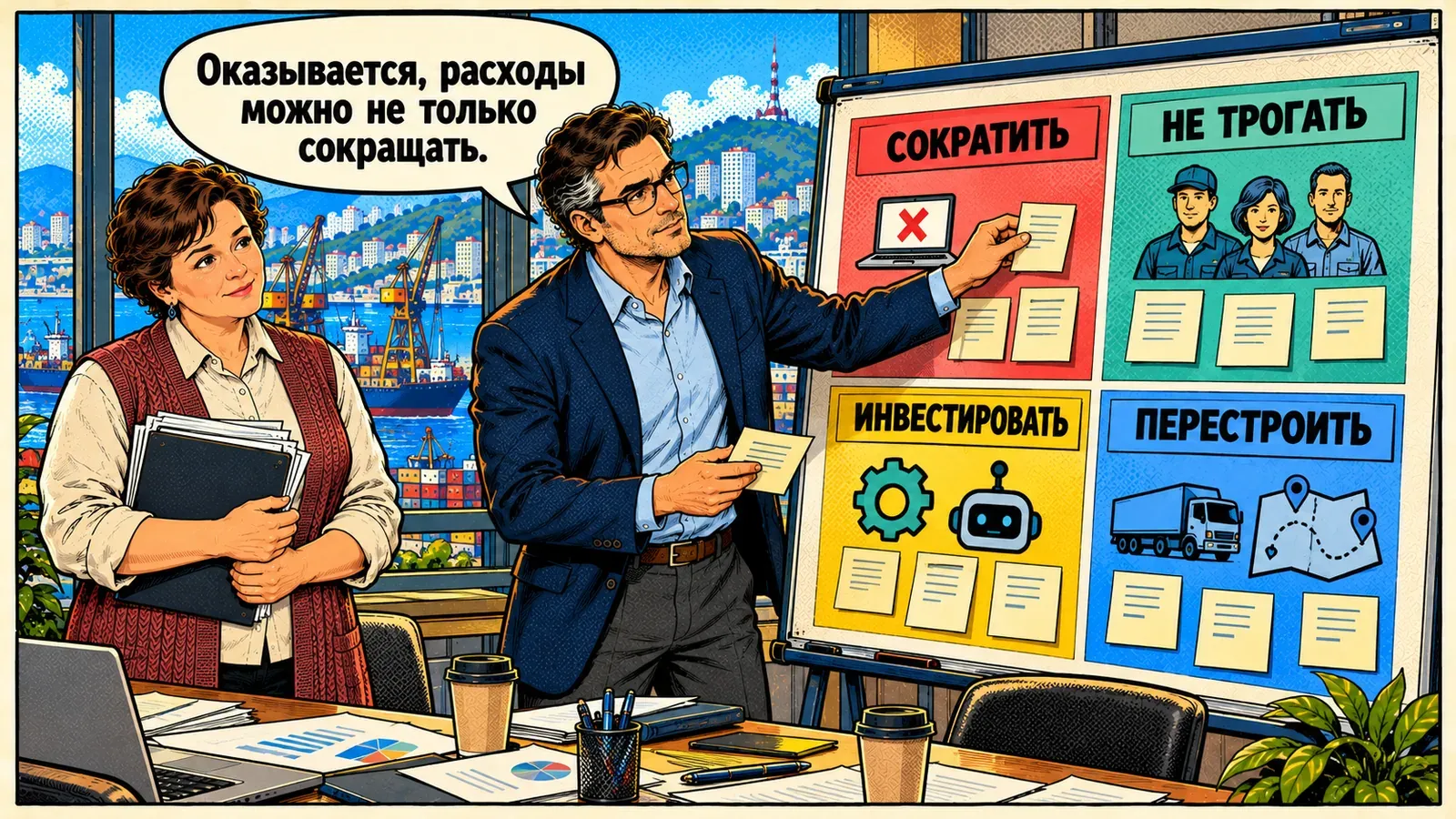 Андрей и бухгалтер раскладывают расходы по четырём корзинам на доске: «Сократить», «Не трогать», «Инвестировать», «Перестроить».