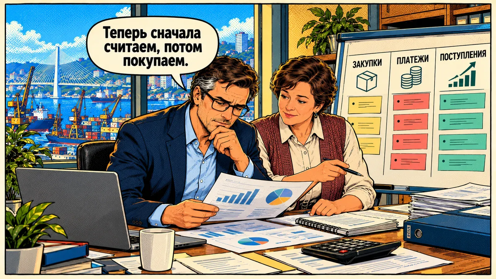 Андрей и бухгалтер у доски с тремя колонками «Закупки», «Платежи», «Поступления». Андрей: «Теперь сначала считаем, потом покупаем».